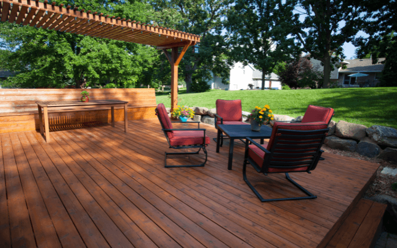 matching-pergola-and-stained deck-ground-level
